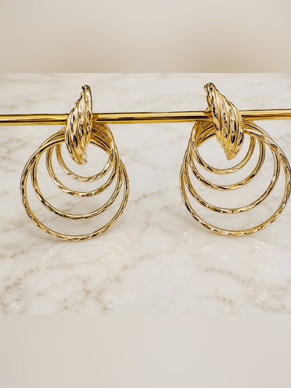 14K Gold Vintage Graduated Multi Hoop Diamond Cut Post Earrings FIRM THANK YOU - Picture 11 of 14